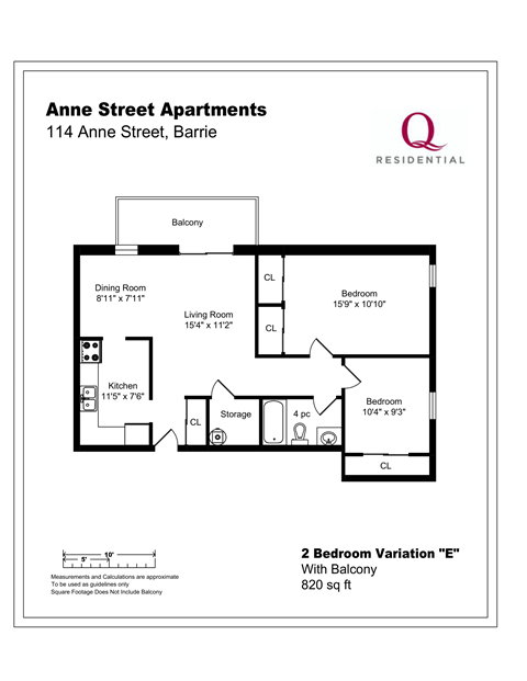 Floor plan for 2 beds, 1 bath, 820 sqft